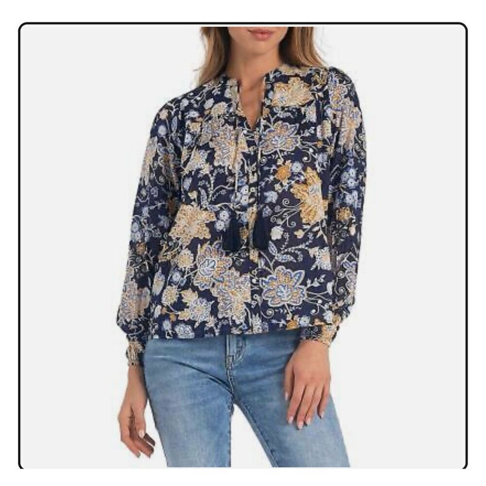🌸 Elan Bloomingdale’s Blue Botanical Boho Top With Tassels Size XS